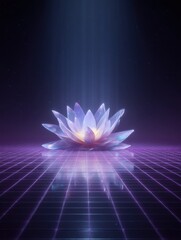 Glowing, crystalline lotus flower on a futuristic grid floor.