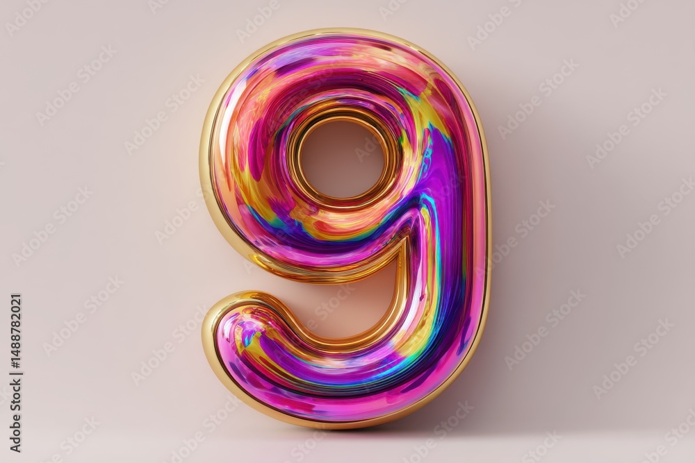 Poster a vibrant and glossy number nine with a golden outline, creating a bold and eye-catching effect with