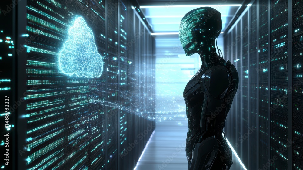 Aufkleber futuristic robot in a server room interacting with a digital cloud.