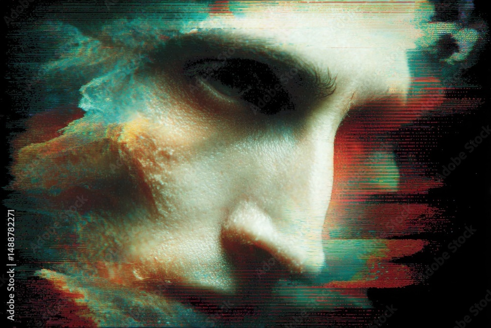 Poster abstract portrait of a face with glitch effect, vibrant colors and deep shadows, showcasing a modern