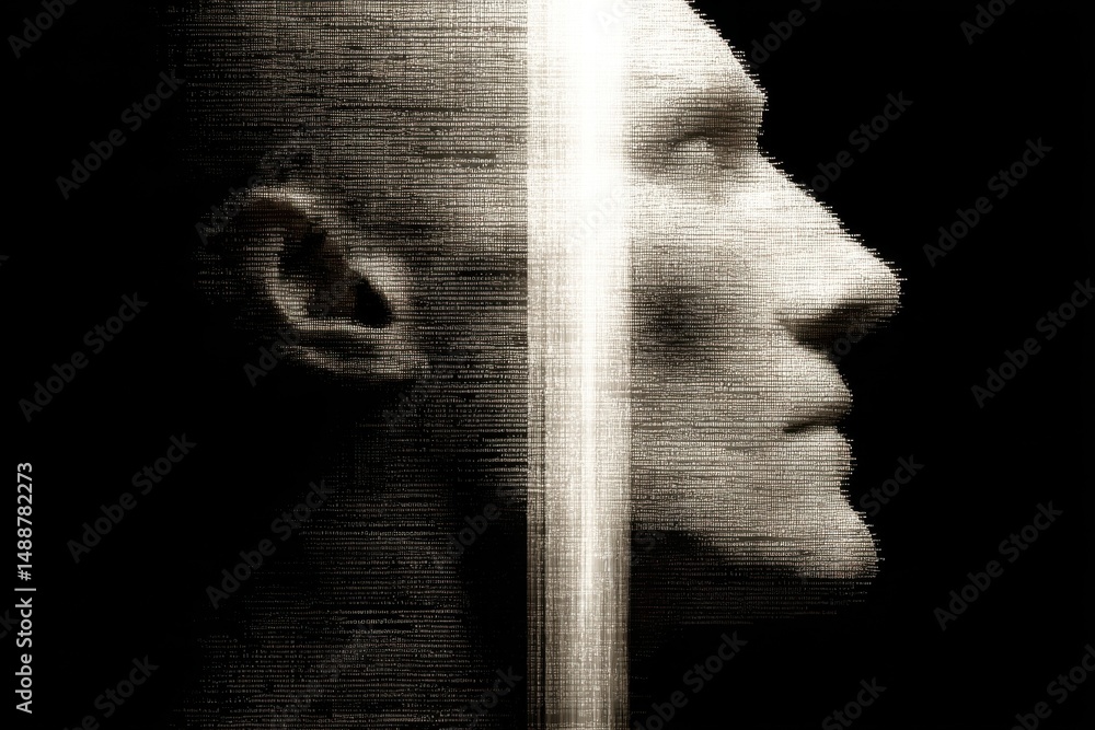 Poster a digital face profile constructed from binary code, divided by a column of light, symbolizes the co
