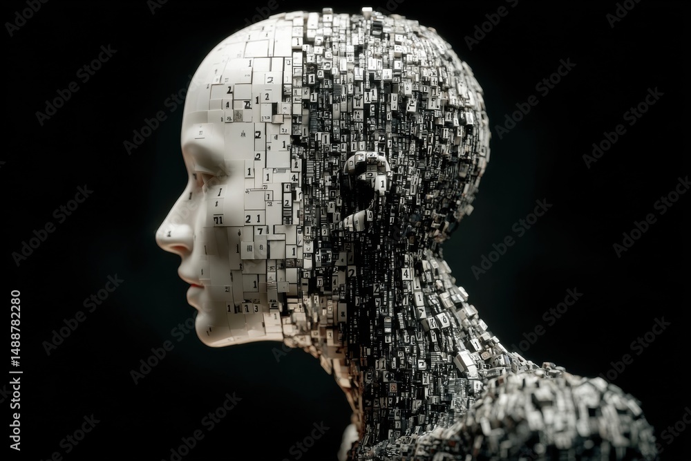 Poster a sophisticated 3d rendering of a human head composed of fragmented numerical blocks, representing a