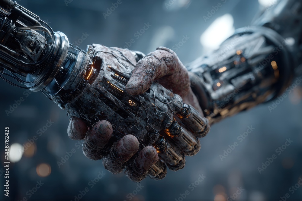 Poster a macro shot shows a robotic hand shaking a human hand in a futuristic setting, symbolizing unity, t