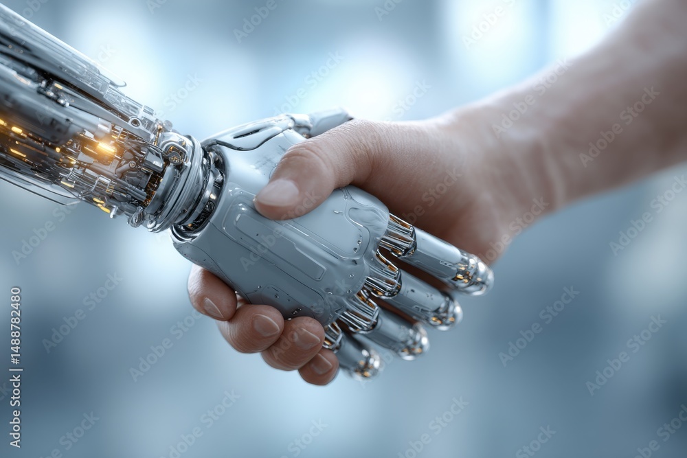 Poster a handshake between a human and a robot, symbolizing future technology, collaboration and artificial