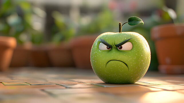  Green apple character angry expression cartoonish