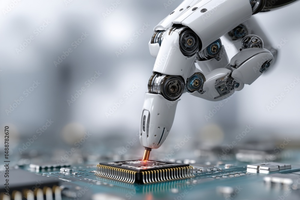 Poster a robot hand precisely soldering a microchip on a circuit board, showcasing advanced technology, aut