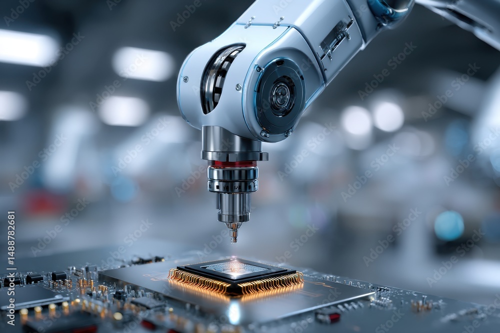 Poster a robotic arm precisely assembling a microchip on a circuit board, showcasing advanced automation in