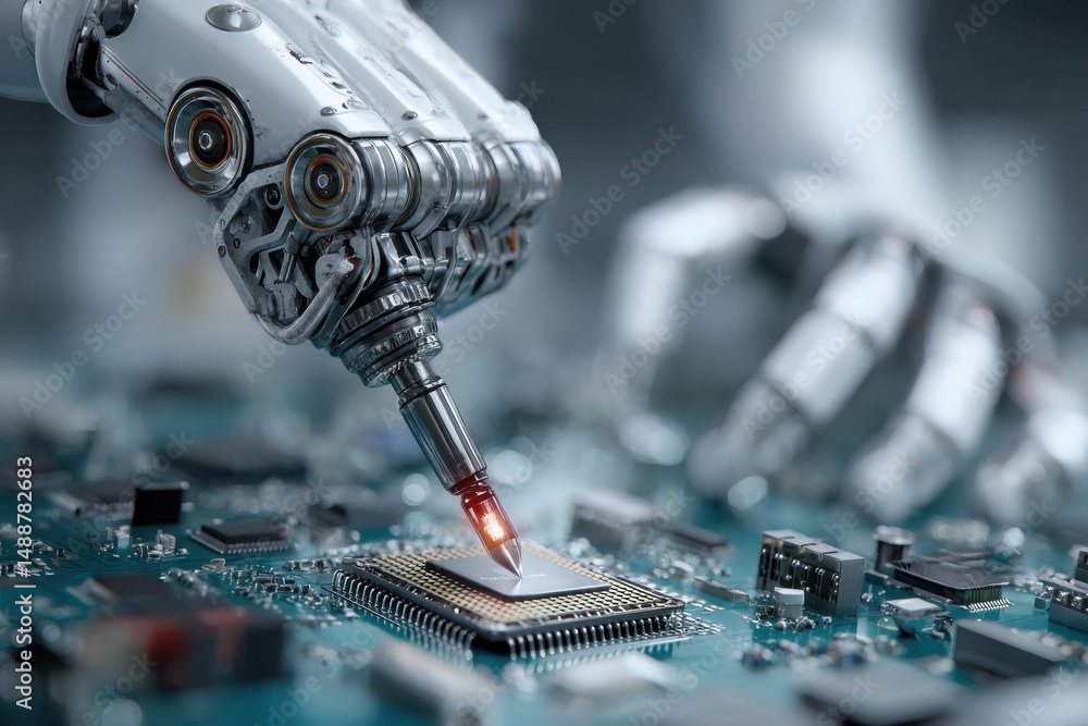Poster a robotic hand delicately interacts with a computer chip on a complex circuit board, showcasing adva