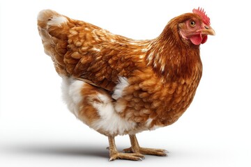 Fototapeta premium A beautiful brown hen standing on a white background, looking alert and healthy, with its feathers neatly arranged and its comb a vibrant red, ready for farm life.