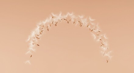 Obraz premium Dandelion seeds floating gracefully in a soft pink background 