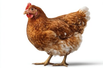 Fototapeta premium A beautiful brown hen with red comb isolated on white background looking to side, domestic poultry, close up of a chicken, farm animal, studio shot.