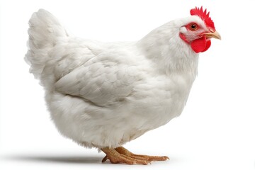 Fototapeta premium A striking close-up of a white hen, showcasing its bright red comb and wattle, standing against a clean white background, perfect for culinary or agricultural use.