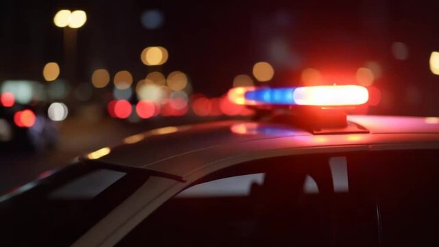 police car lights flickering in night city with selective focus and bokeh