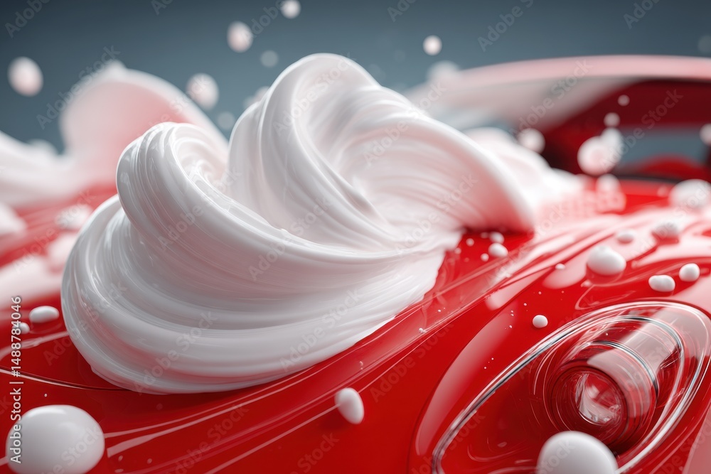 Poster close-up of a glossy red surface with swirls of white cream and floating globules, creating a playfu