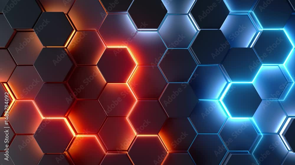 Poster 3d render hexagons mosaic abstract background. bright neon motion texture over hexagonal surface. fu