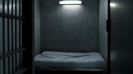 Gloomy cell with bed. Stark and solitary confinement evokes feelings of isolation, loss, and hopelessness. Confined space, emphasizing confinement.