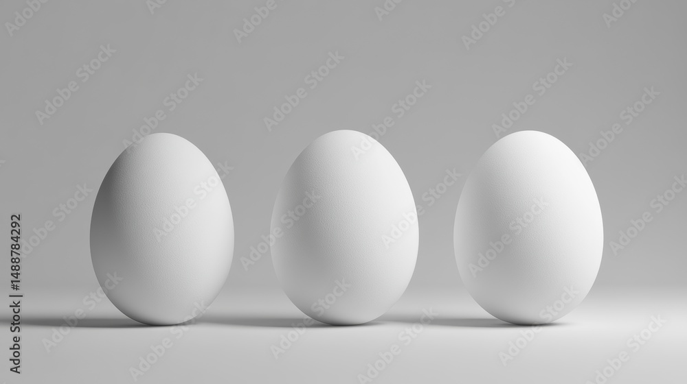 Poster three pristine white eggs arranged in a row against a minimalist grey background.