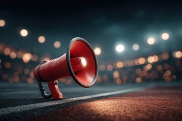A vibrant red megaphone resting on the sideline of an empty stadium, illuminated by stadium lights and awaiting the next big game or announcement.