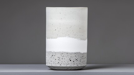 A tall, cylindrical vase with a white stripe and speckled gray base sits on a gray shelf.