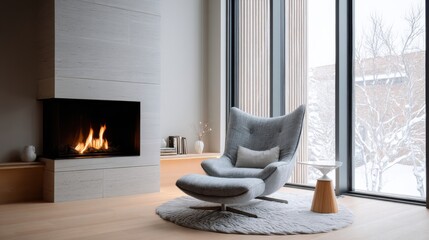 A 4K photo of minimalist home interior design of modern living room with grey fabric lounge chair in light interior with fireplace while snowing outside.