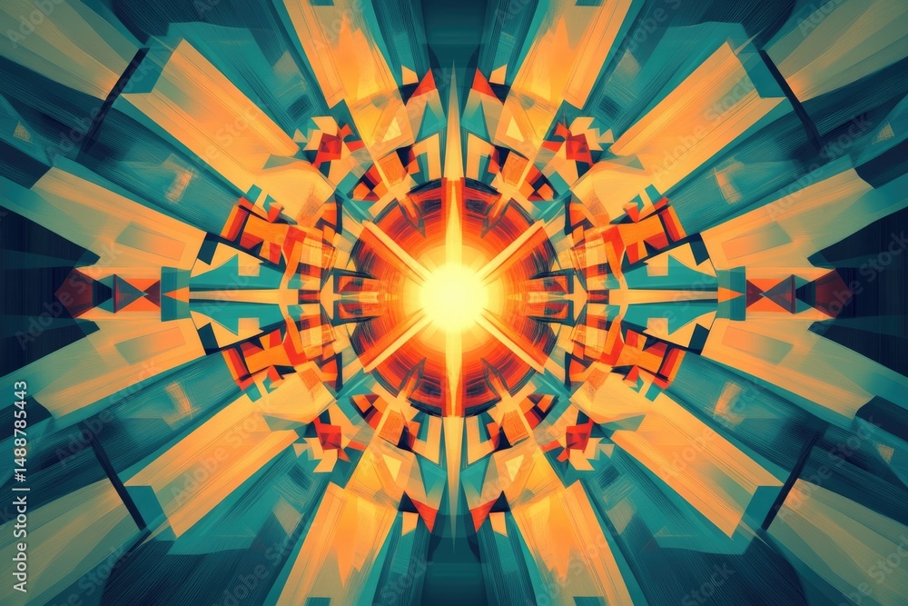 Aufkleber a vibrant abstract composition with geometric shapes and a central glowing light source, radiating o