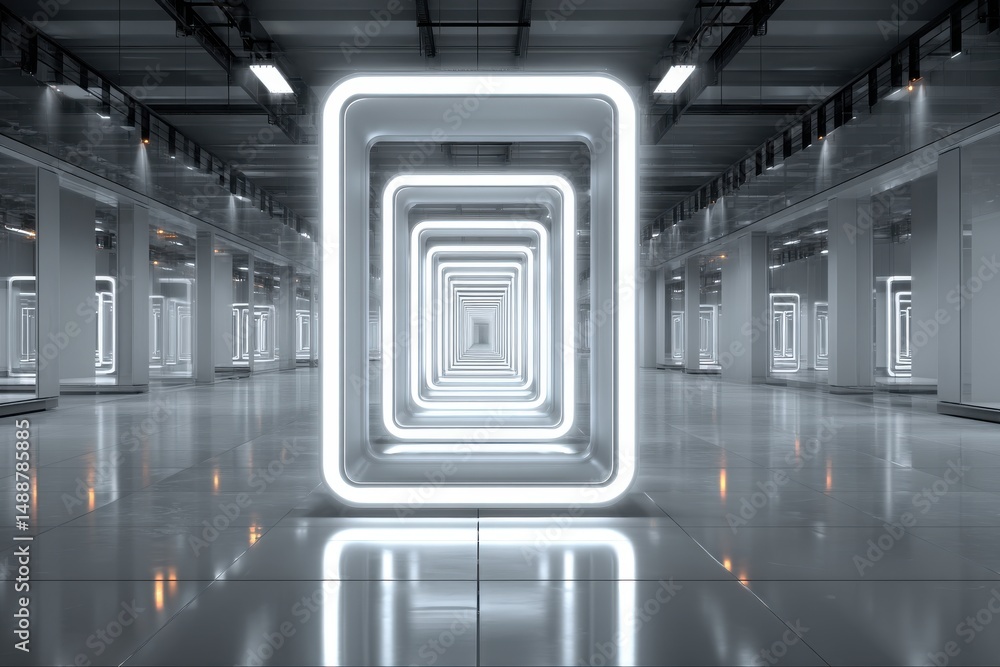 Poster a mesmerizing, futuristic architectural design featuring an infinite corridor of glowing rectangular