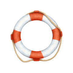 Lifebelt, life buoy isolated on white background. Watercolor illustration