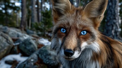 Obraz premium Close-up of a wild fox, vibrant fur and expressive eyes, set in a natural forest environment, showcasing wildlife beauty.