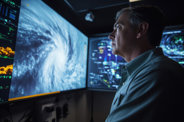 Meteorologist monitoring hurricane on computer screens in control room