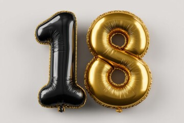 Elegant eighteenth birthday celebration with golden and black balloon number, beautifully contrasting colors and glossy textures, signifying maturity and festivity.