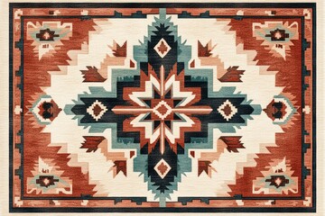 A vibrant rug features a geometric Southwestern design with intricate patterns and warm color tones, creating a cozy and stylish home decor piece.