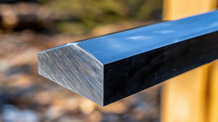 Close-up view of a metallic surface with a triangular top and a dark, possibly black, bottom section.