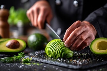Chef preparing avocado, slicing it with a knife on a black stone cutting board. Close-up of hands and avocado, showing the healthy food preparation process at work.