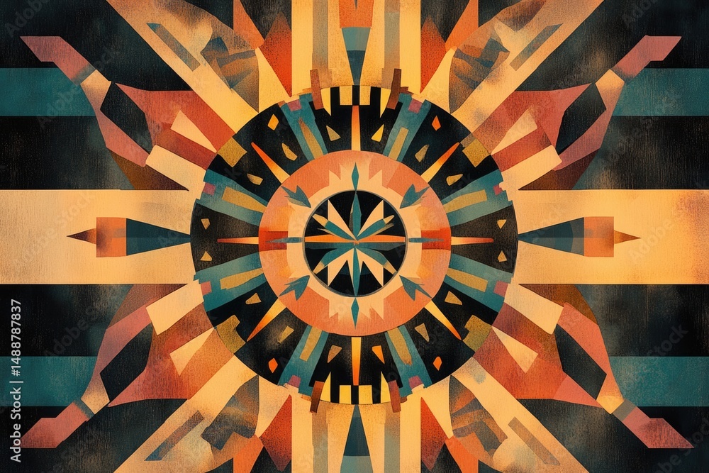 Aufkleber geometric abstraction featuring a central circular design with radial elements in a warm color palet