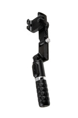 Portable gimbal with a firm grip and adjustable phone mount for smooth video capture.