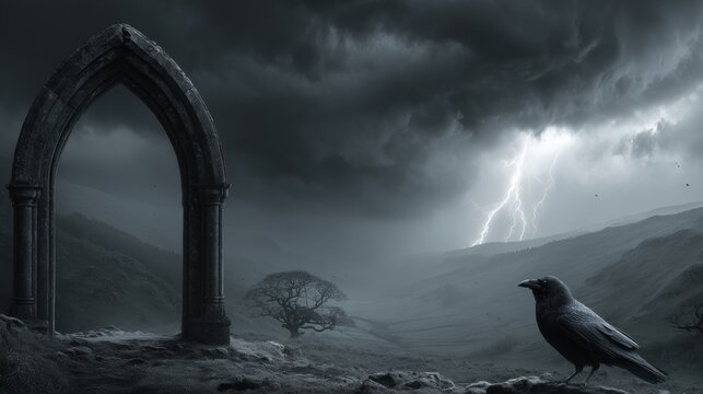 Dramatic landscape with an ancient archway and a crow during a storm.