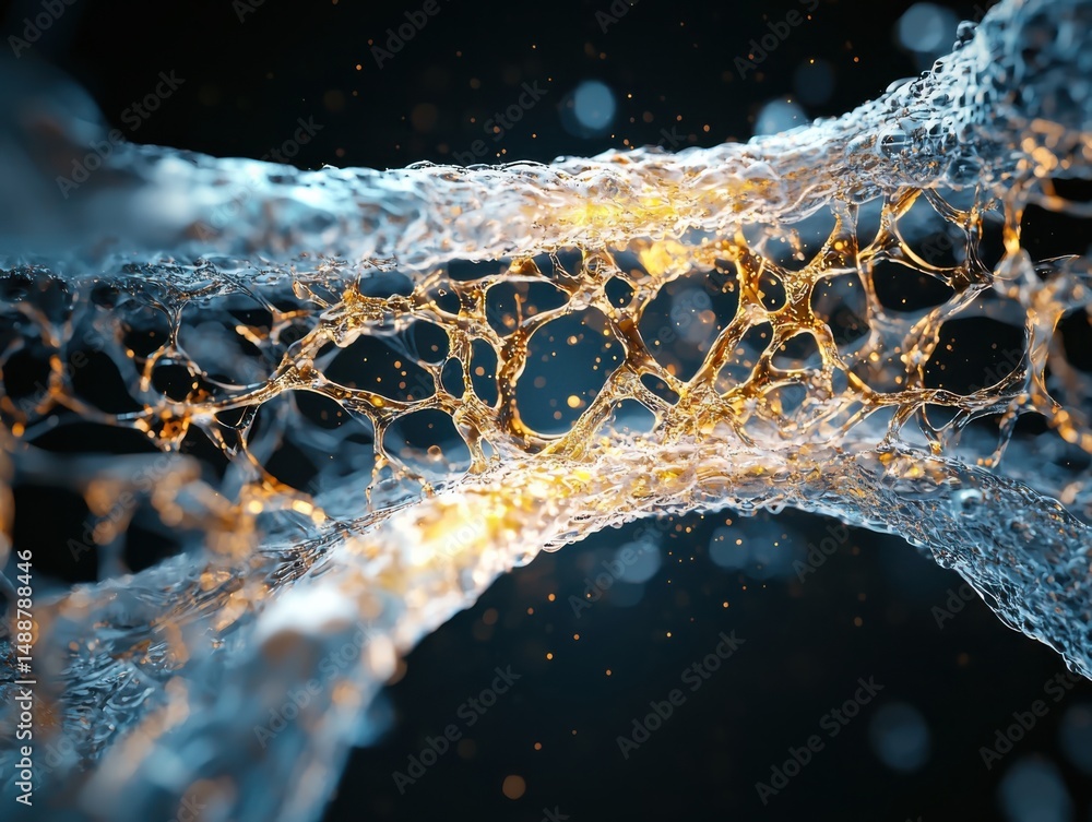 Poster dynamic fluid structure digital visualization abstract art dark background close-up conceptual scien