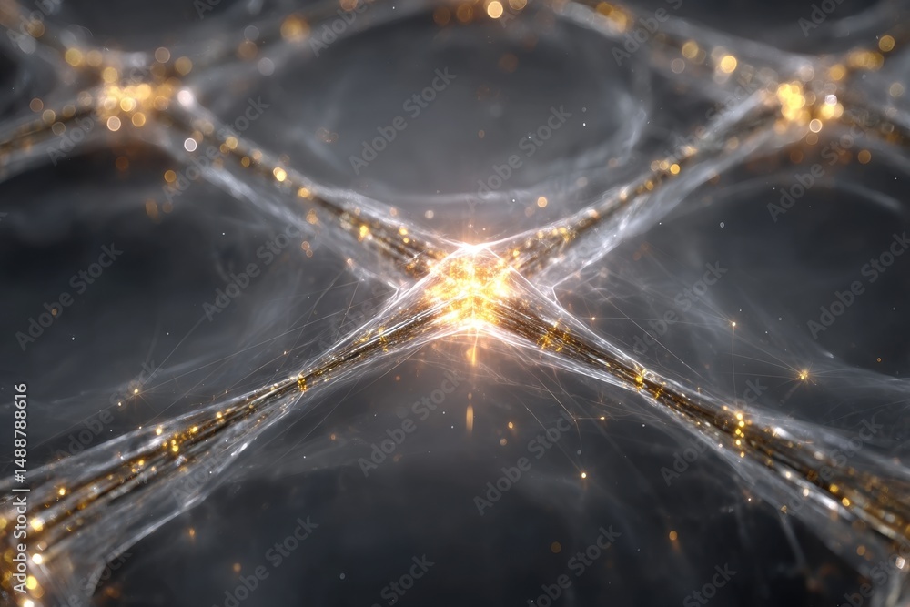 Poster an ethereal network of interconnected light, displaying abstract elegance and intricate pathways, hi