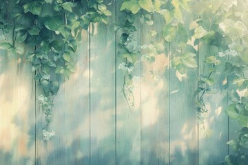 Rustic wooden fence adorned with lush green ivy and delicate white flowers, creating a serene and natural backdrop.