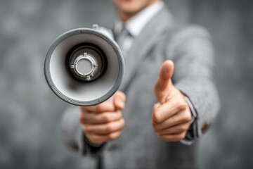 A businessman holds a megaphone with thumb up, signaling a call to action, positive affirmation and important announcement to attract attention of potential customers.