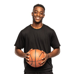 Obraz premium Portrait of a smiling man holding a basketball wearing a tee shirt and bracelet looking forward isolated on transparent background