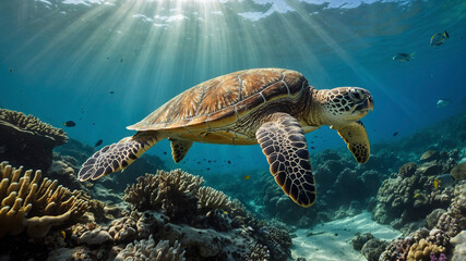 Obraz premium Marine Turtle Swimming in Clear Tropical Waters with Coral 
