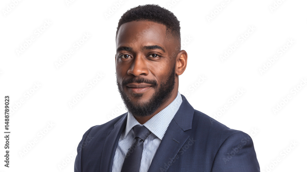 Poster portrait of a man with a beard wearing a suit and tie looking at the camera with a slight smile isol