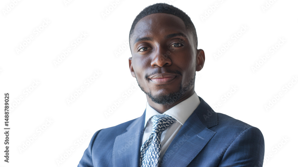Poster portrait of a man in a suit with a tie looking at the viewer with a slight smile on his face isolate
