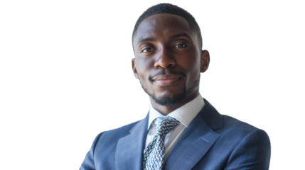 Portrait of a man in a suit with a tie looking at the viewer with a slight smile on his face isolated on transparent background