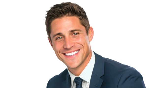 Portrait of a smiling man wearing a suit and tie looking at the viewer with a happy expression isolated on transparent background