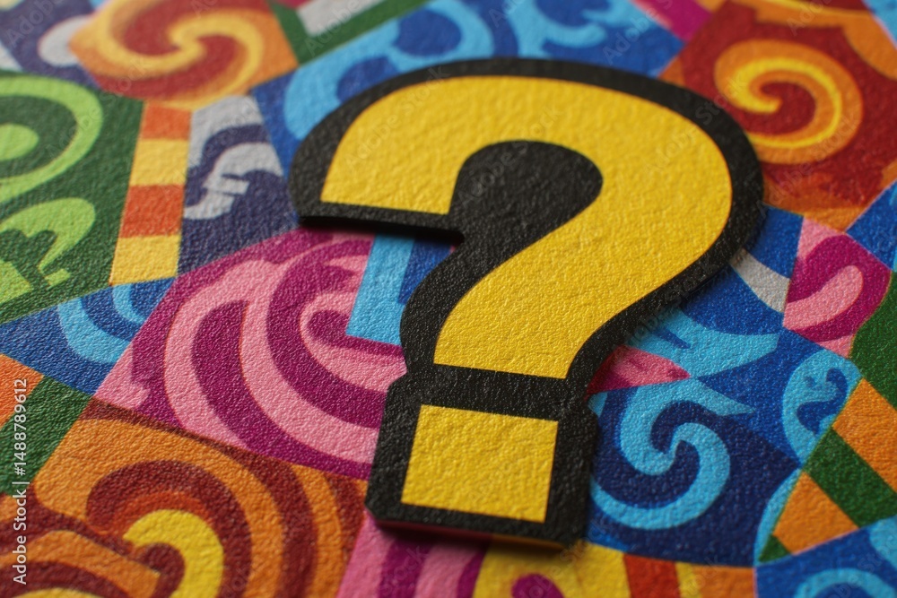 Poster a close-up shot of a yellow question mark symbol on a colorful patterned background, showing a sense