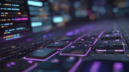 Close-up view of futuristic keyboard with glowing keys and code.