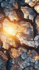 Cracked earth surface revealing radiant light nature macro photography dry environment close-up perspective