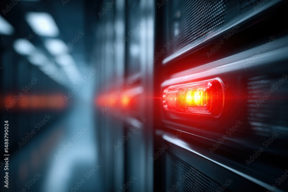 Poster illuminated server room with bright red lights indicating activity, showing data processing, and cre
